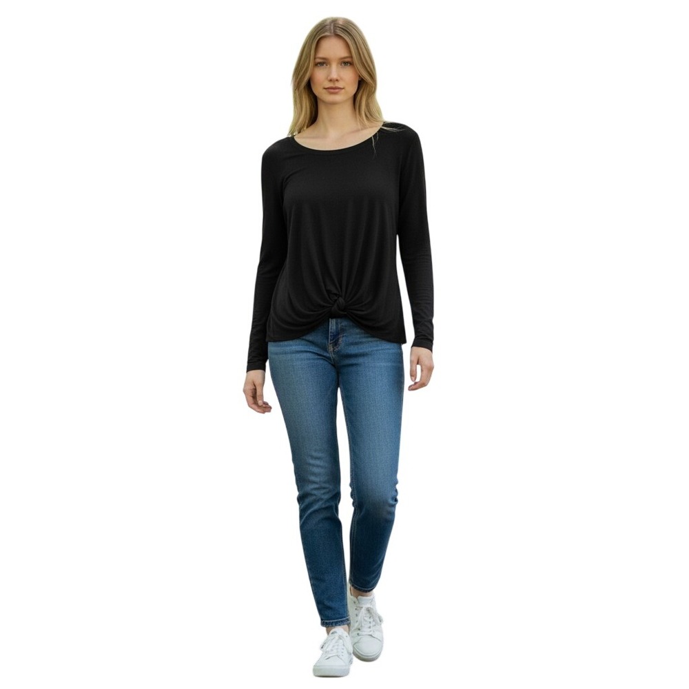 Nordstrom Rack Womens Black Long Sleeve Front Knot Scoop Neck Top XS MM463651MI